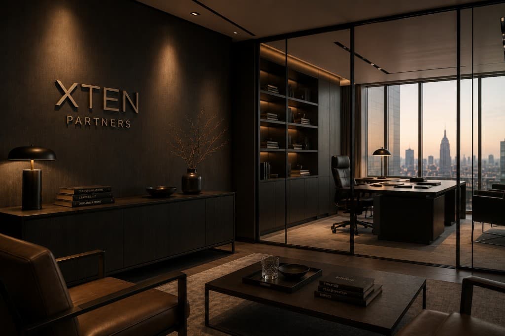 Intérieur du cabinet Xten Partners, logo et vue sur la ville