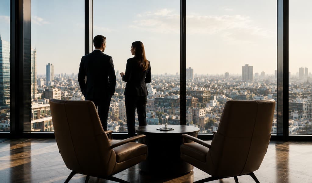Deux dirigeants face à la ville depuis un salon de conseil